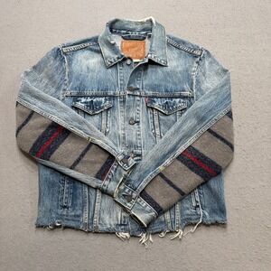 Levi's Trucker Jacket Mens M Blue Premium Wool Aztec Blanket Frayed Hem Hippie